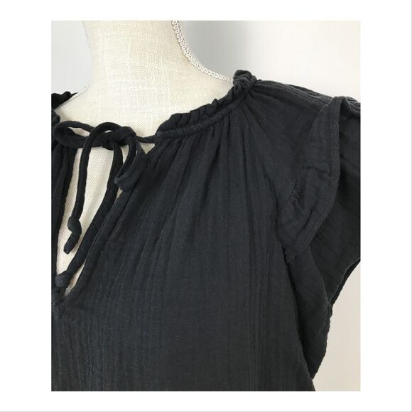 Gap Women Blouse Small Tall Tie Front Flutter Cap Sleeve Gauze 100% Cotton Black - Picture 2 of 8